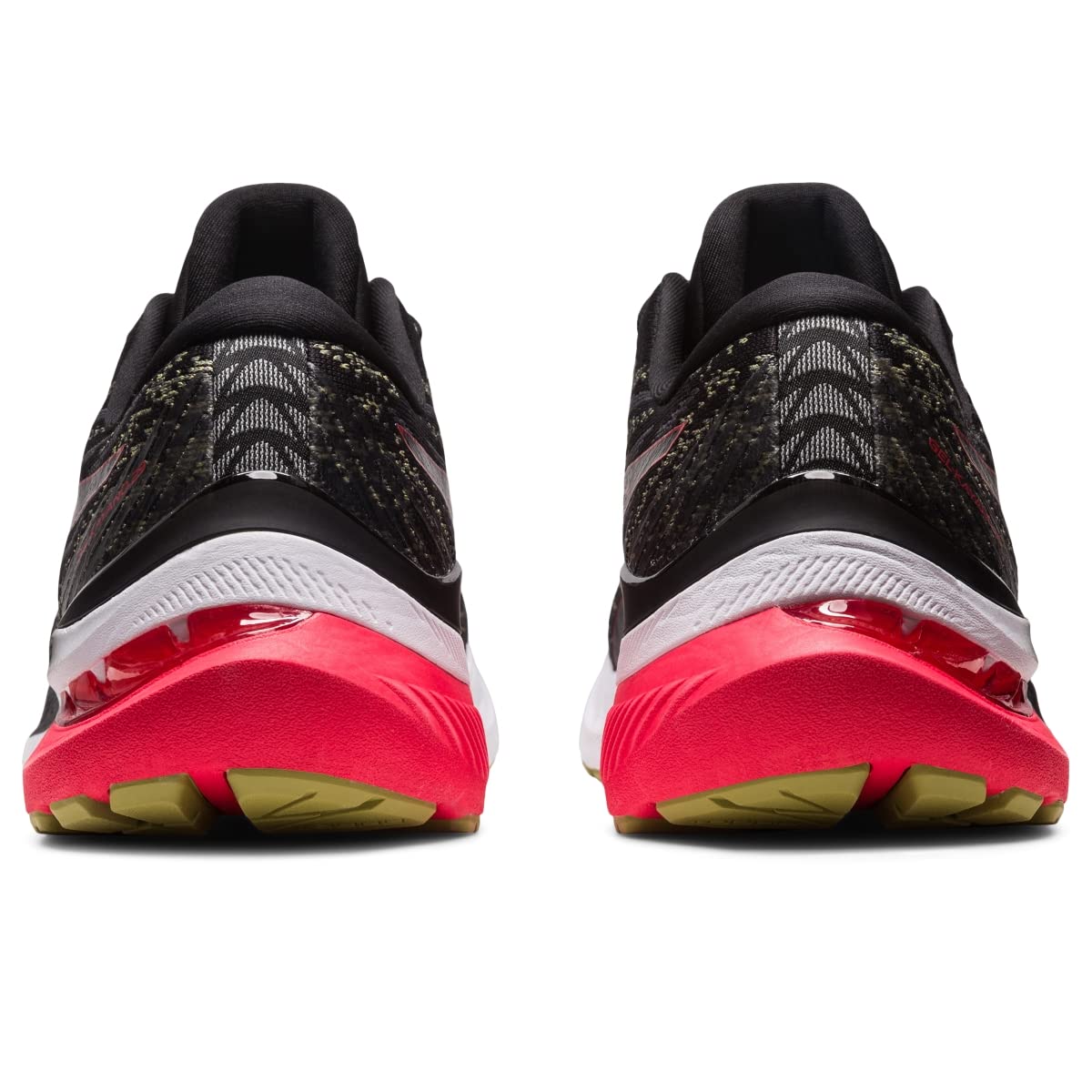 Rear view of the ASICS Gel Kayano 29 - Mens running shoes, featuring black uppers, patterned accents, white midsoles, vibrant pink heels, and yellow outsoles—engineered for stability and style.