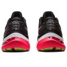 Rear view of the ASICS Gel Kayano 29 - Mens running shoes, featuring black uppers, patterned accents, white midsoles, vibrant pink heels, and yellow outsoles—engineered for stability and style.