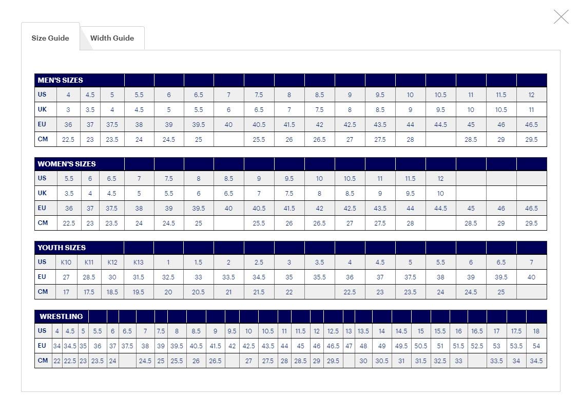 A blue and white shoe size chart shows US, UK, EU, and CM sizes for men, women, youth, and wrestling—ideal for choosing the right fit in ASICS Gel Nimbus 25 - Womens running shoes with lightweight cushioning.