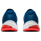 Rear view of a pair of ASICS GEL-PULSE 12 - Womens running shoes with blue mesh uppers, white AmpliFoam midsoles, and red detailing on the heels and soles, displayed side by side on a plain white background.