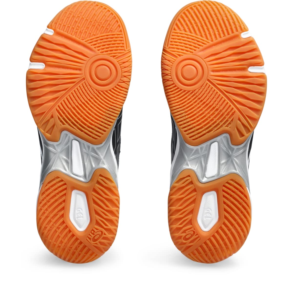 The image shows the orange and white rubber soles of ASICS Gel-Rocket 11 - Womens indoor court shoes. The sole’s circular, radiating tread pattern is engineered for enhanced grip, stability, and traction.