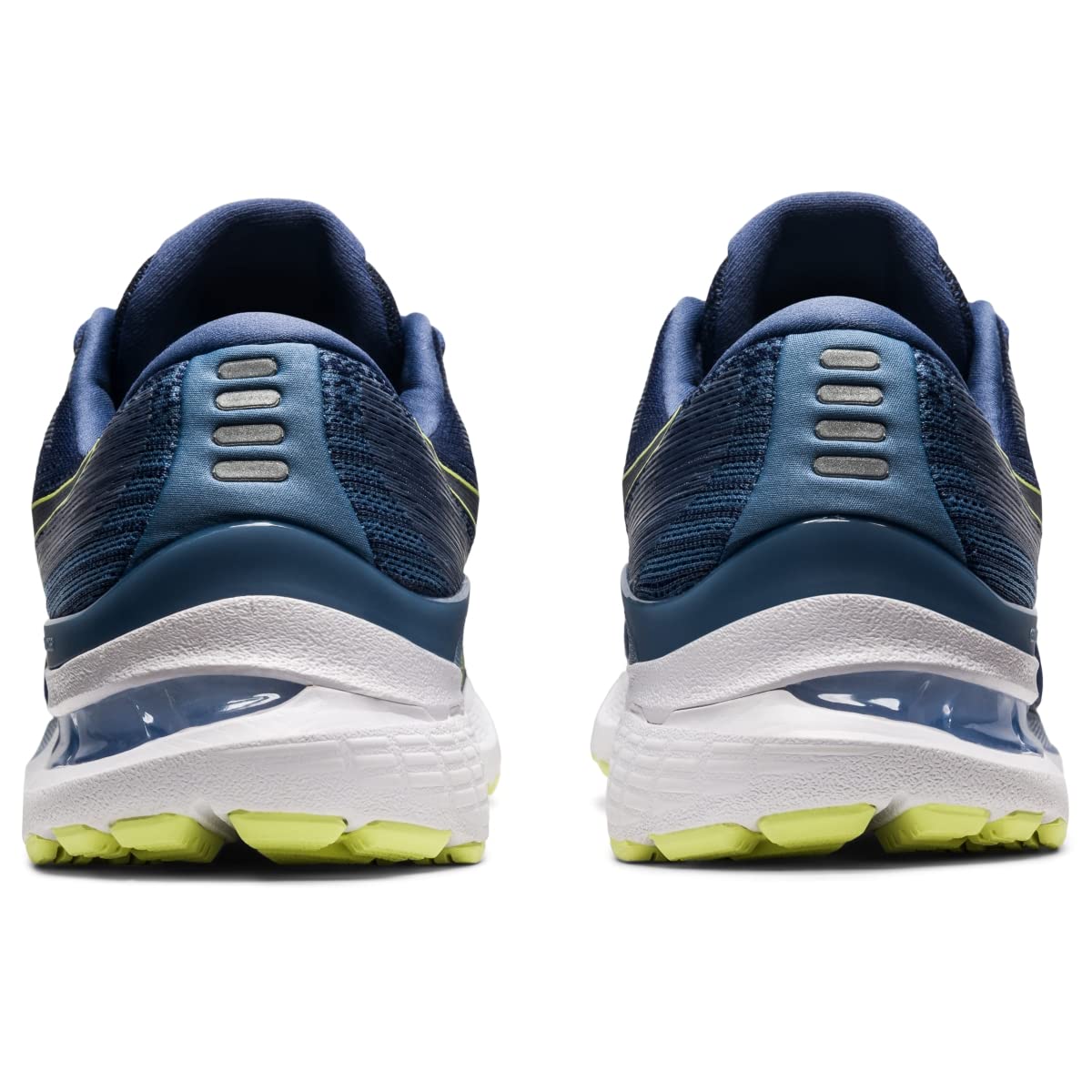 Rear view of ASICS Gel Kayano 28 - Mens in navy blue with white midsoles, lime green outsoles, reflective heel accents, and GEL technology for comfort and support.
