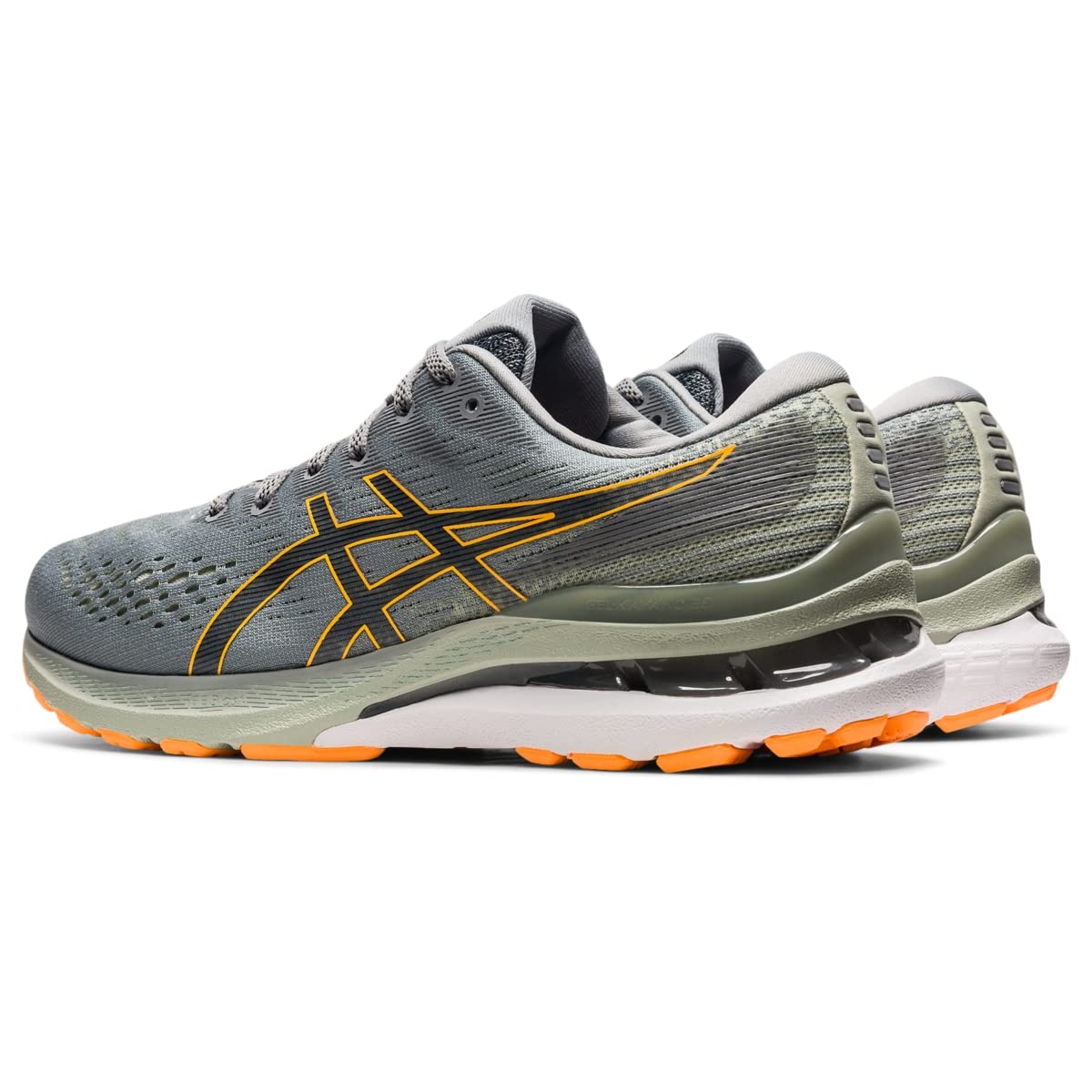 The ASICS Gel Kayano 28 - Mens stability running shoes feature a gray upper with orange accents, yellow side stripes, olive green details, white midsoles, and orange outsoles.
