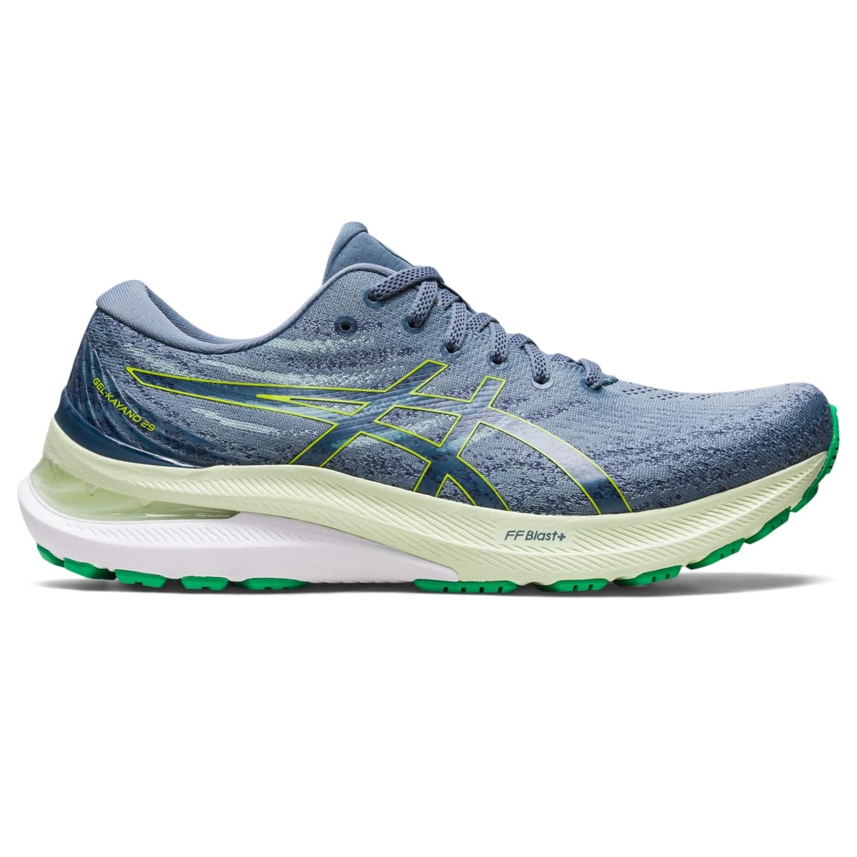 The ASICS Gel Kayano 29 - Mens running shoe, shown in side profile, features a blue and light green mesh upper with green and yellow accents, a white midsole, and a green outsole for enhanced stability.