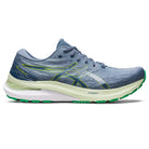 The ASICS Gel Kayano 29 - Mens running shoe, shown in side profile, features a blue and light green mesh upper with green and yellow accents, a white midsole, and a green outsole for enhanced stability.