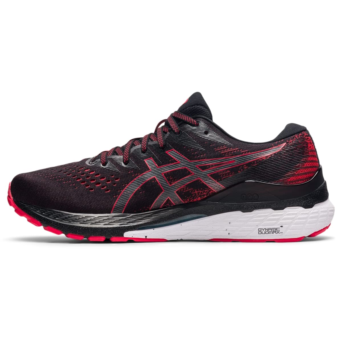 The ASICS Gel Kayano 28 - Mens is a black and red stability running shoe with a white sole, mesh panels for breathability, the ASICS logo, and advanced GEL technology.