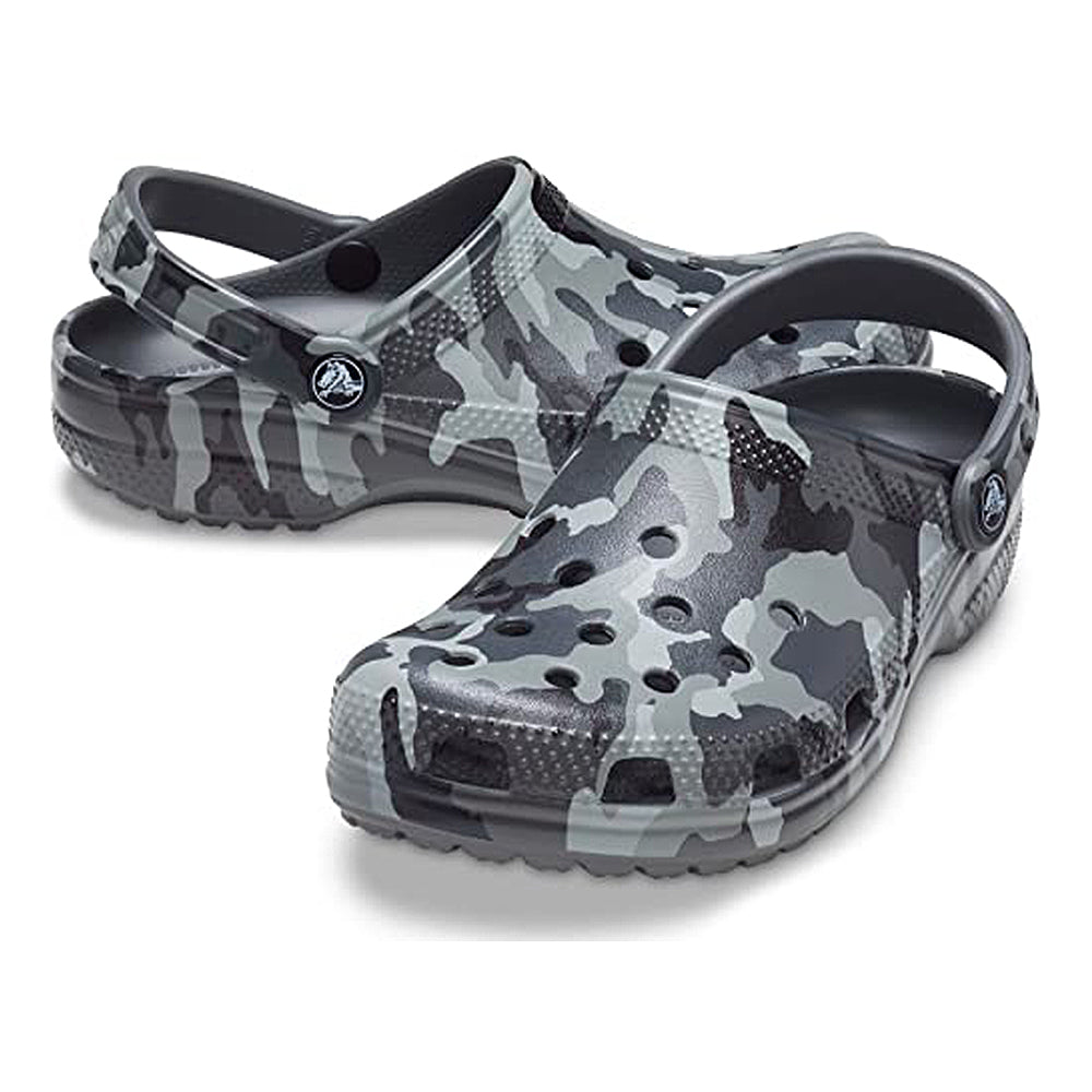The Crocs Classic Camo Clog - Unisex features gray camouflage, ventilation holes, and adjustable heel straps—comfortable slip-on water shoes by Crocs, shown on a white background.