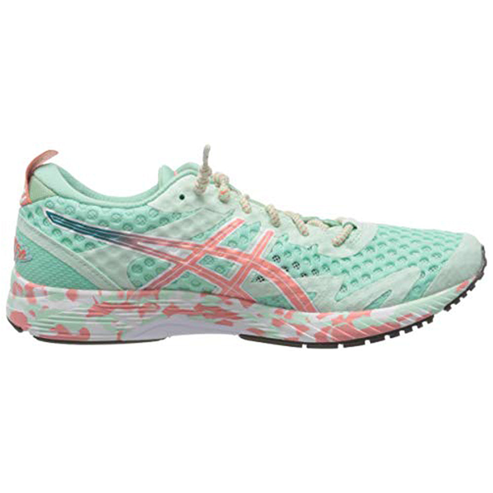 The womens GEL-NOOSA TRI 12 by ASICS is a light green running shoe with a textured upper, pale pink detailing, a white ASICS logo, and a white sole featuring pink and green patterns with a responsive FLYTEFOAM midsole.