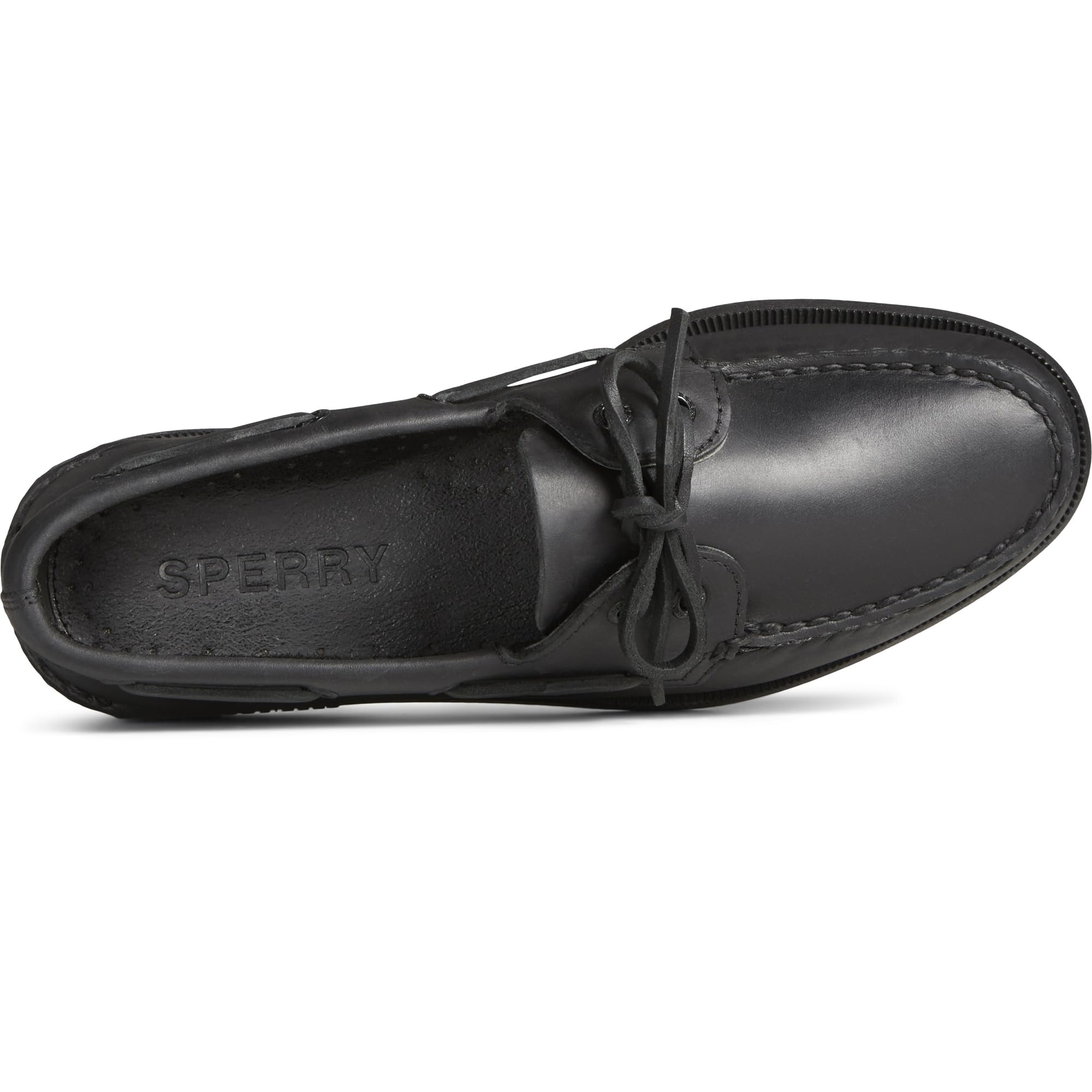 A top view of the Sperry A/O 2-EYE LEATHER mens boat shoe in black leather features visible stitching, black laces tied in a bow, and the Sperry logo embossed on the insole.