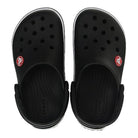 The Crocs CrocBand Clog - Unisex is a pair of black slip-on clogs with ventilation holes, a red-and-white circular logo on the outer side of each shoe, and lightweight Crocs Comfort cushioning.