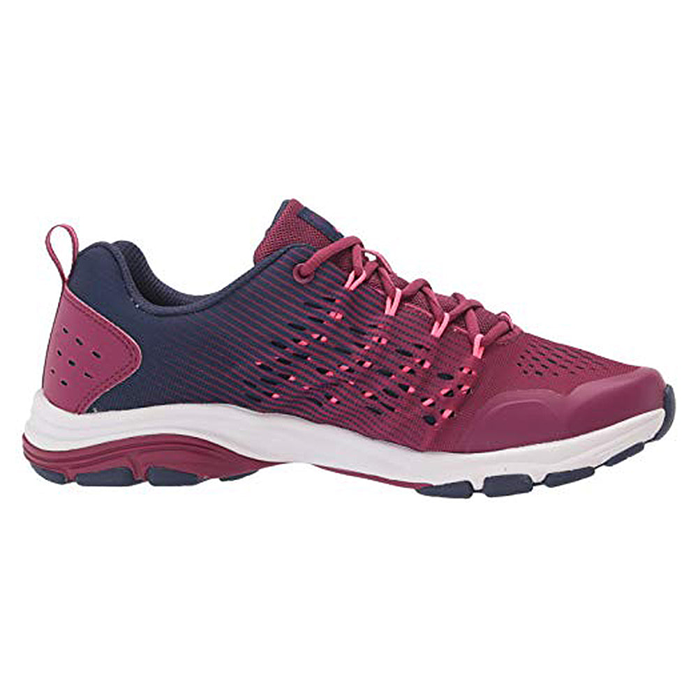 The Vivid RZX - Women by Ryka is a maroon and navy blue water sneaker with pink laces, a white midsole, dark rubber outsole, and a breathable mesh upper—perfect for cross-training water activities.