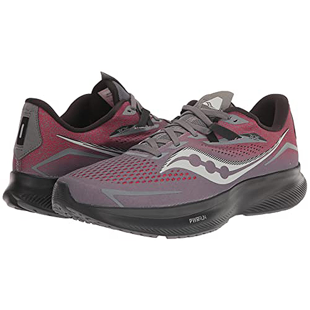 The Saucony Ride 15 - Men running shoes feature maroon and gray colors, black soles, and white side detailing. This cushioned, lightweight pair is shown side by side, each facing slightly outward.