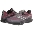 The Saucony Ride 15 - Men running shoes feature maroon and gray colors, black soles, and white side detailing. This cushioned, lightweight pair is shown side by side, each facing slightly outward.