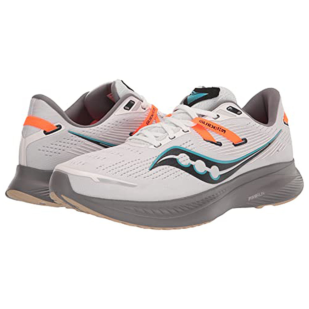 The Saucony Guide 16 Running Shoe for men features black soles, gray with orange and turquoise accents, the Saucony logo on the side, and a cushioned, modern design—all shown against a white background.