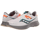 The Saucony Guide 16 Running Shoe for men features black soles, gray with orange and turquoise accents, the Saucony logo on the side, and a cushioned, modern design—all shown against a white background.