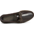 Top view of the Sperry A/O 2-EYE LEATHER mens boat shoe in dark brown, featuring leather laces through gold eyelets, visible toe stitching, and an insole marked with the Sperry logo.