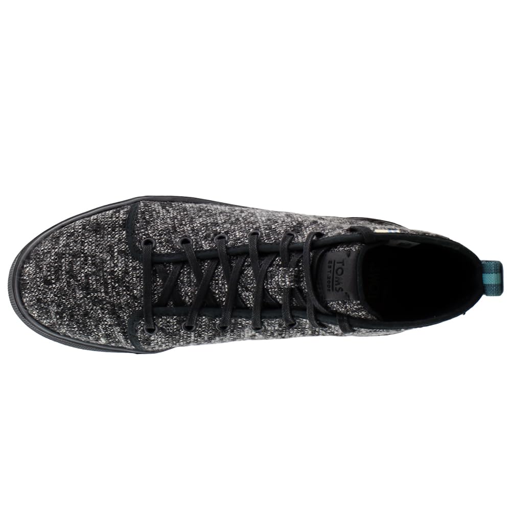 Top view of the TOMS Alpargata ESP - Women sneaker in black and gray with textured upper, black laces, slip-on design, black sole, and a blue-striped pull tab at the heel.