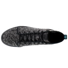 Top view of the TOMS Alpargata ESP - Women sneaker in black and gray with textured upper, black laces, slip-on design, black sole, and a blue-striped pull tab at the heel.