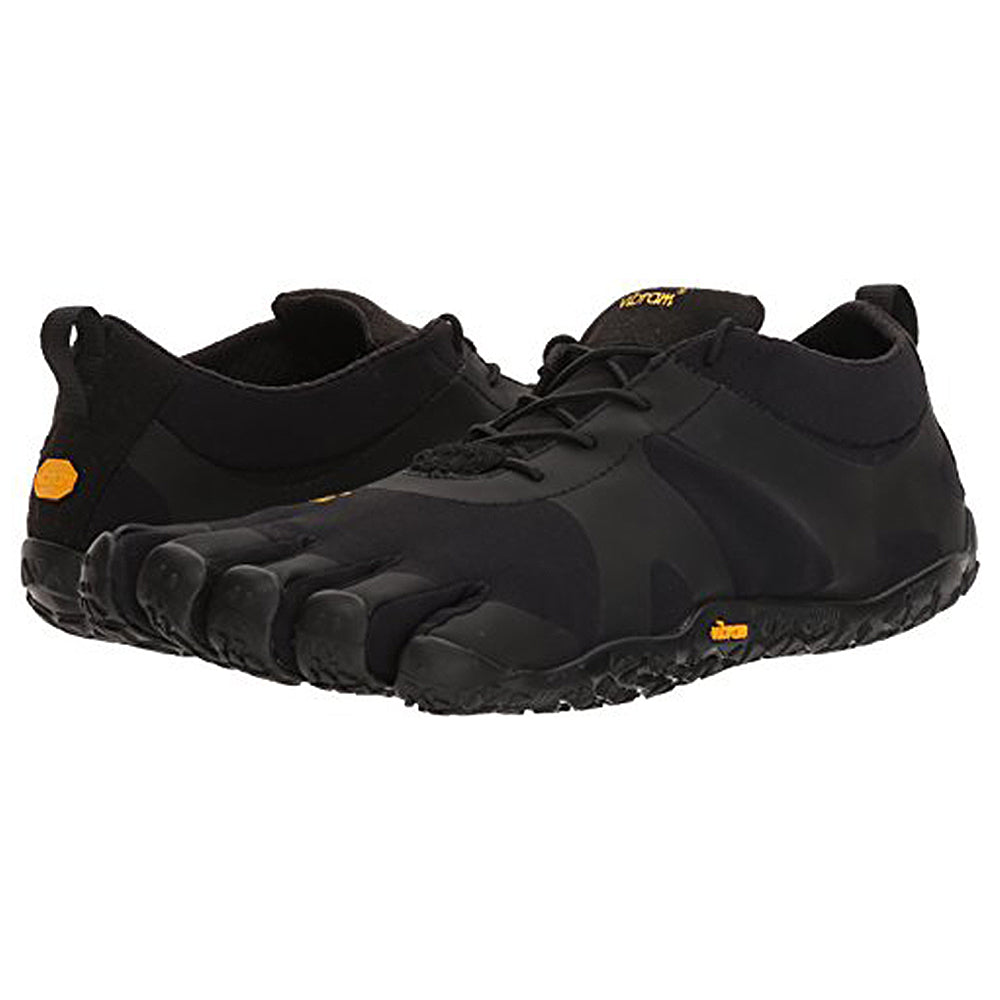 The Vibram FiveFingers V-Alpha - Men are black barefoot running shoes with individual toe slots and durable Vibram Rubber soles, designed to mimic the natural shape of your foot while protecting and enhancing ground feel.