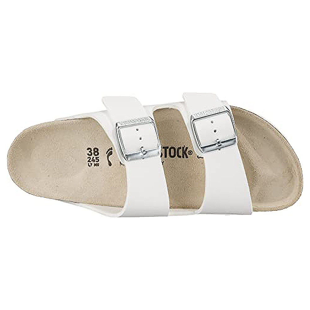 The Birkenstock Arizona - Womens is a chunky double-strap sandal with two adjustable silver buckles, a contoured beige footbed for orthopedic comfort, and an open toe design. It’s shown angled to display the side and top.