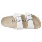 The Birkenstock Arizona - Womens is a chunky double-strap sandal with two adjustable silver buckles, a contoured beige footbed for orthopedic comfort, and an open toe design. It’s shown angled to display the side and top.