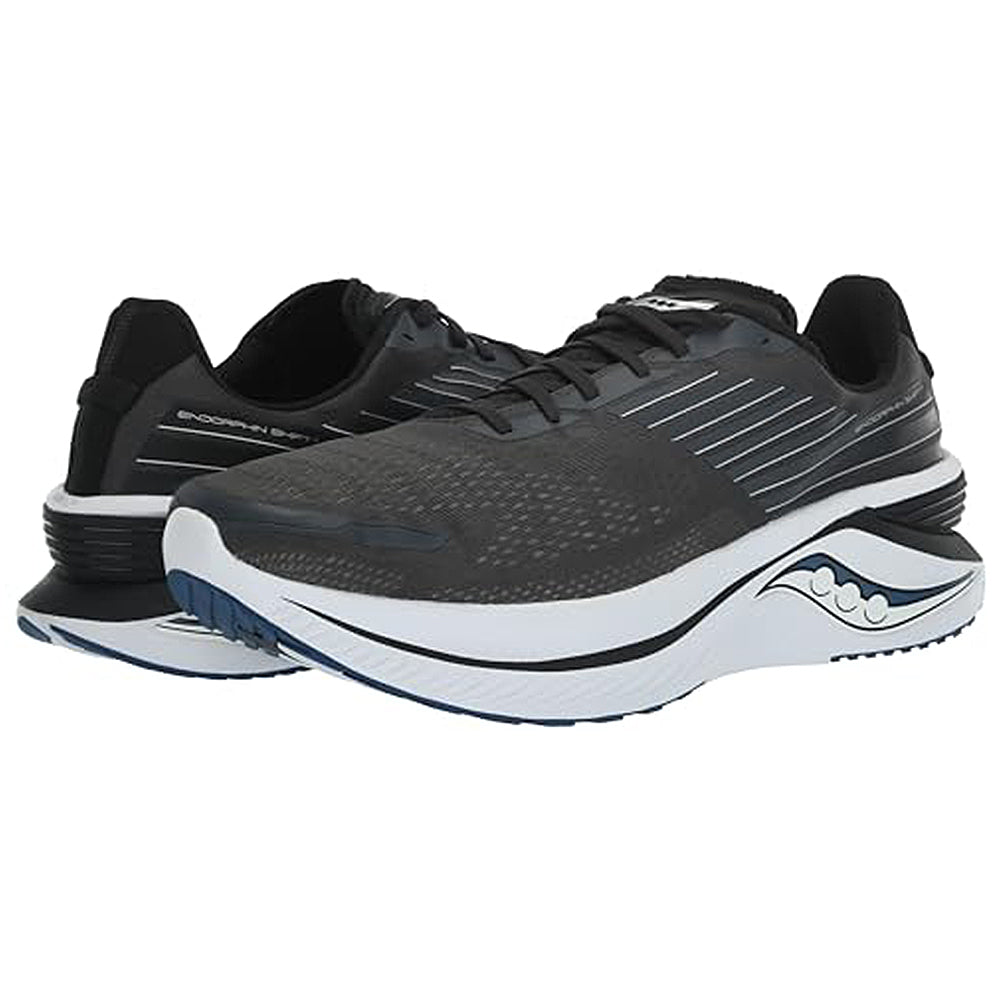 The Saucony Endorphin Shift 3 Running Shoe for men boasts a sleek black and white design with blue accents, subtle stripes, and PWRRUN foam cushioning—ideal for runners seeking both comfort and style.