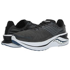 The Saucony Endorphin Shift 3 Running Shoe for men boasts a sleek black and white design with blue accents, subtle stripes, and PWRRUN foam cushioning—ideal for runners seeking both comfort and style.