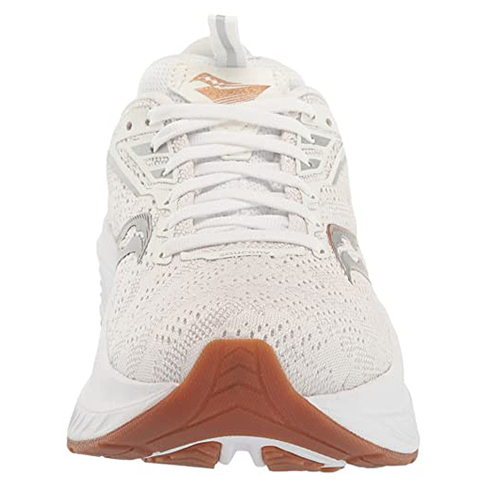 The Saucony Echelon 9 Running Shoe - Womens is shown from the front, featuring a seamless white upper, white laces, a textured brown rubber sole, and subtle gray and tan accents on the sides and tongue.