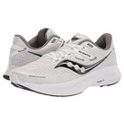 The Saucony Guide 16 - Men are white running shoes with black and gray accents, featuring PWRRUN foam cushioning and a breathable mesh upper; displayed from side and three-quarter views.