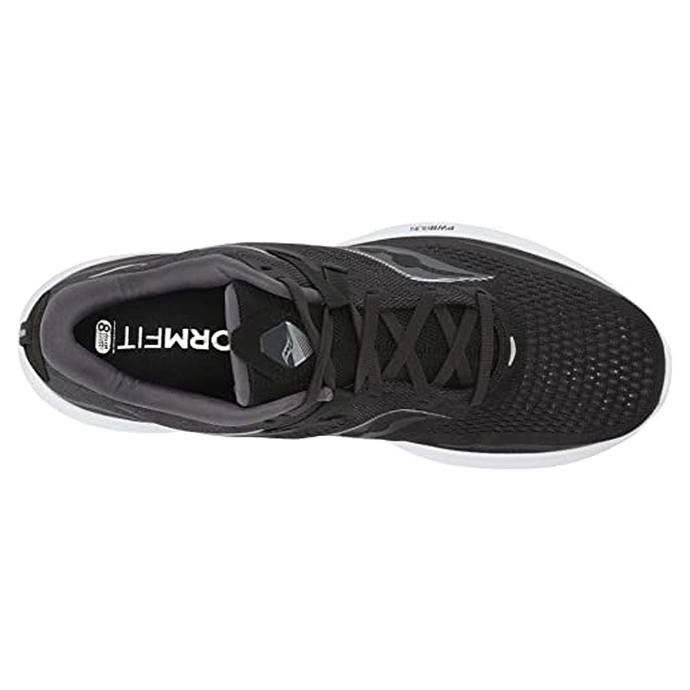 Top view of the Saucony Ride 15 - Men, a black lightweight running shoe with a white sole and mesh upper; FORMFIT is visible on the insole.