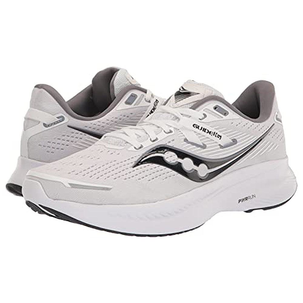 The Saucony Guide 16 Running Shoe for men features a cushioned sole and breathable mesh upper in white with black and gray accents.