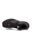 The Saucony Ride 15 - Men is a black running shoe with white accents and a white sole, featuring a breathable mesh upper and the Saucony logo on the side. The shoe is shown lying on its side displaying the top and outer view.