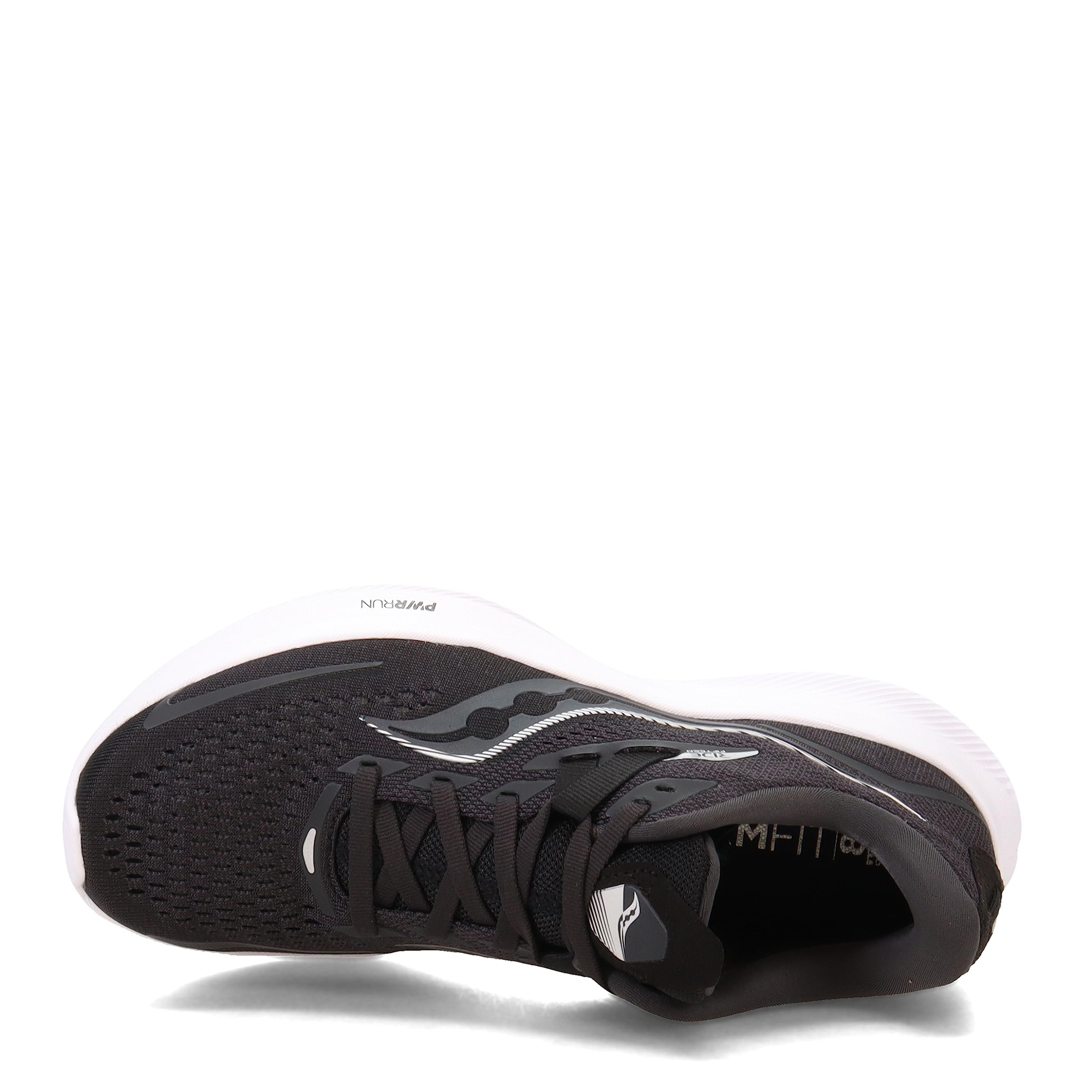 The Saucony Ride 15 - Men is a black running shoe with white accents and a white sole, featuring a breathable mesh upper and the Saucony logo on the side. The shoe is shown lying on its side displaying the top and outer view.