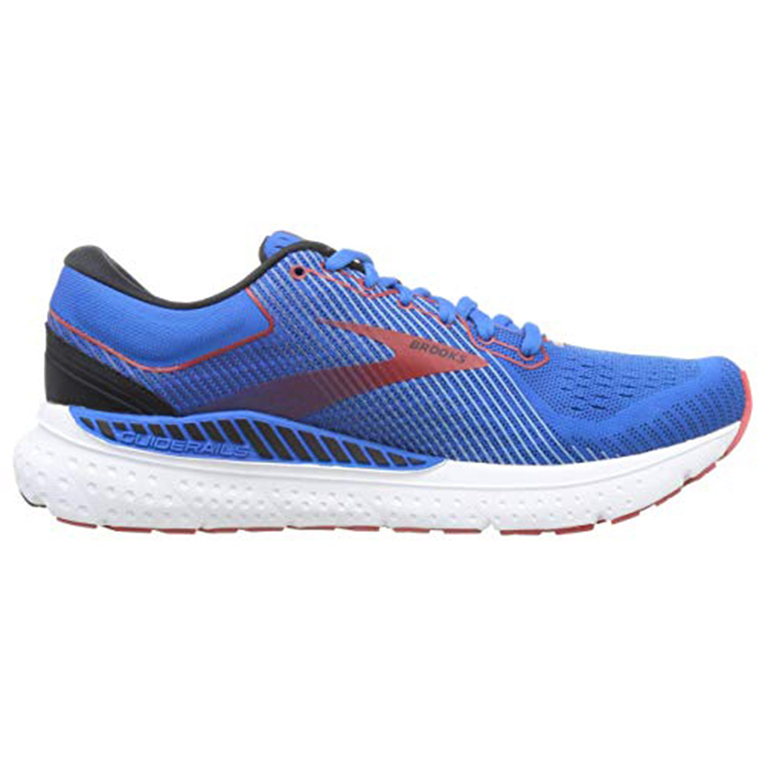 The Brooks Transcend 7 - Men is a blue running shoe with black and red accents. It features a breathable mesh upper, plush fit, and white cushioned sole for superior support. The Brooks branding appears on the side.