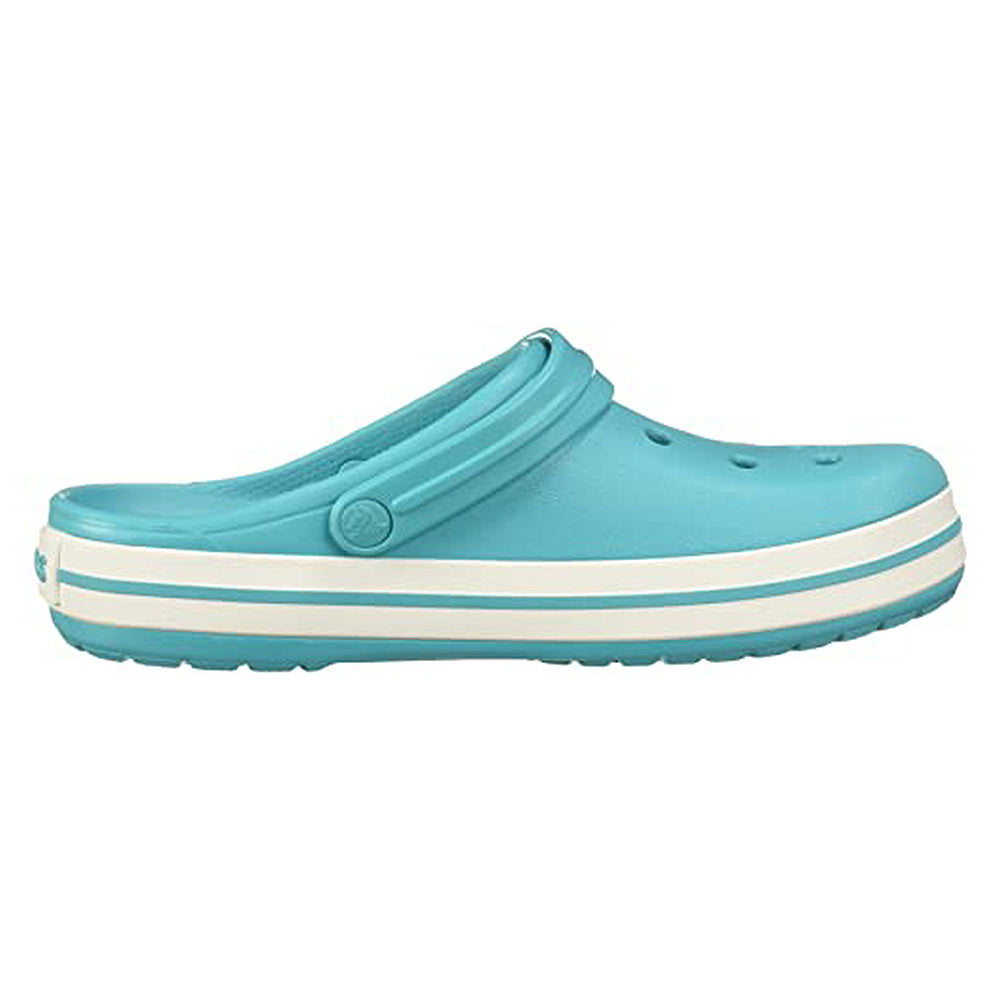 A side view of the Crocs Crocband Clog Seasonal Colors - Unisex in turquoise, with a white sole and heel strap, featuring top ventilation holes—classic style perfect for everyday wear.