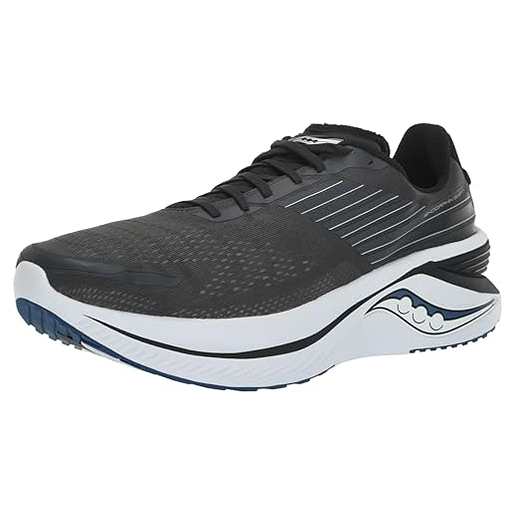The Saucony Endorphin Shift 3 - Men in Shadow/Twilight features a mesh upper for breathability, a white and blue sole with SPEEDROLL Technology, and a stylized side logo.