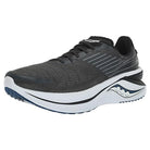 The Saucony Endorphin Shift 3 - Men in Shadow/Twilight features a mesh upper for breathability, a white and blue sole with SPEEDROLL Technology, and a stylized side logo.