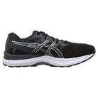 The ASICS Nimbus 23 - Mens is a black running shoe with white accents and sole, featuring the ASICS logo and engineered for superior shock absorption.