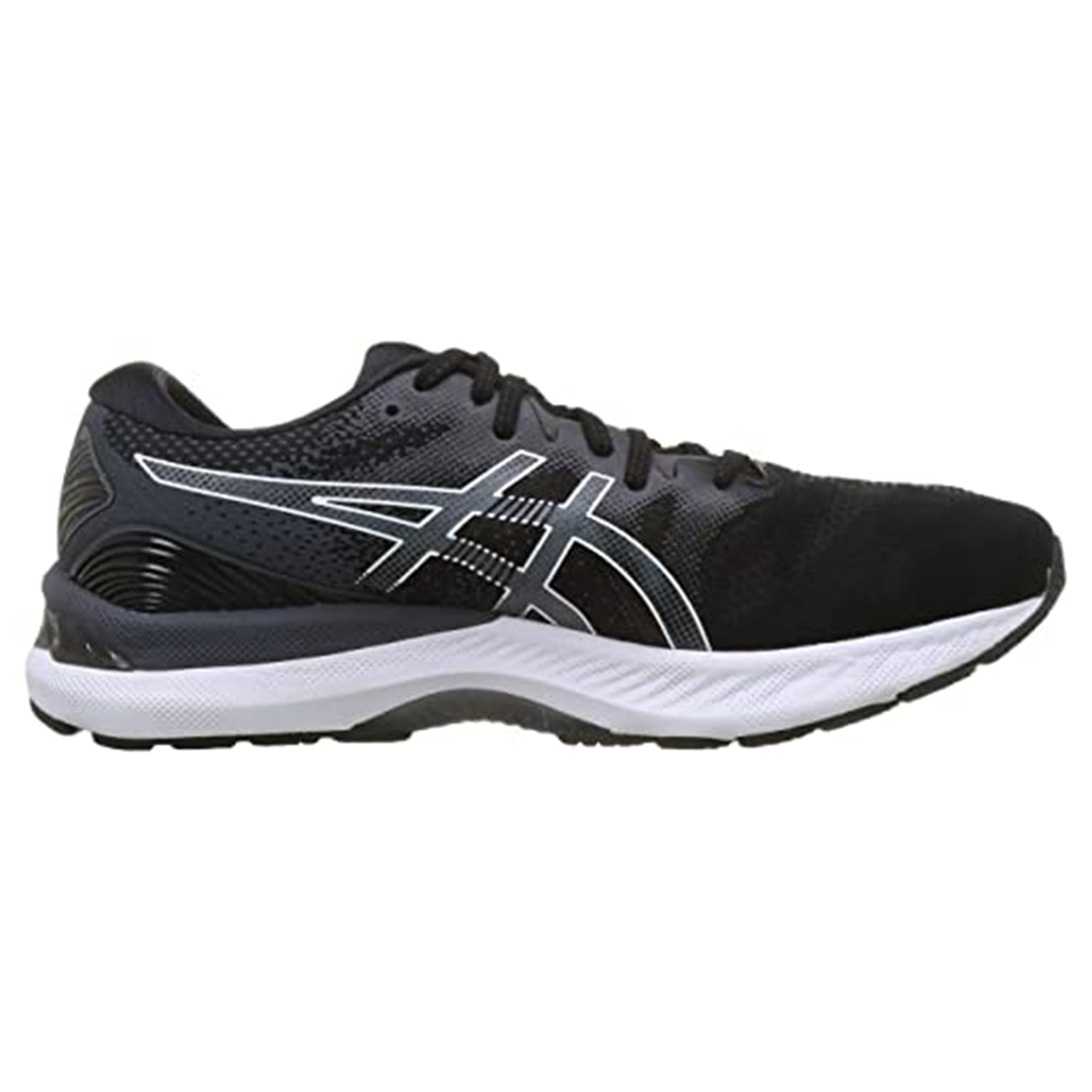 The ASICS Nimbus 23 - Mens is a black running shoe with white accents and sole, featuring the ASICS logo and engineered for superior shock absorption.