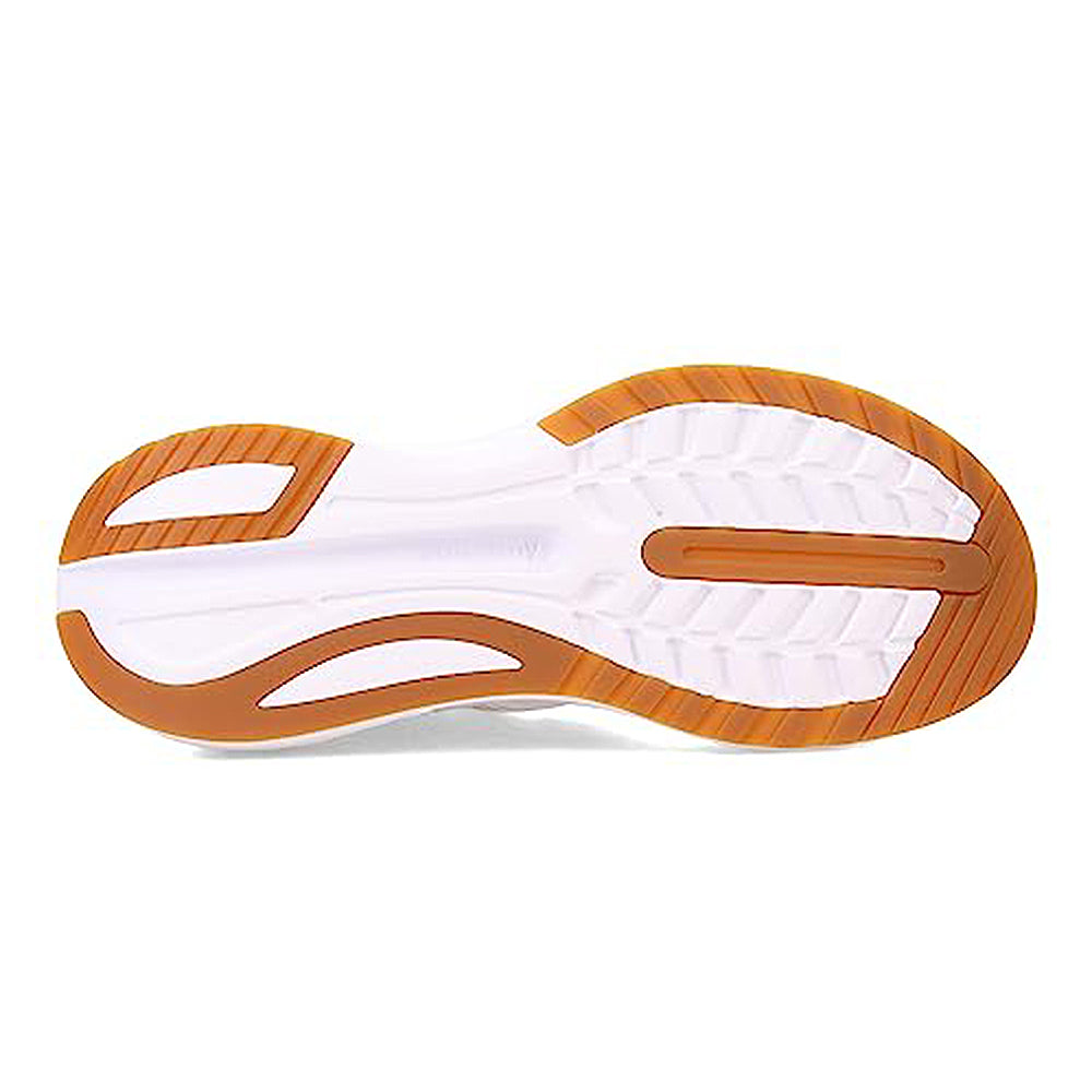 The image displays the sole of the Saucony Endorphin Shift 3 Running Shoe - Mens, featuring a white base with orange-brown tread accents, grooves for grip and flexibility, and PWRRUN foam cushioning for support.