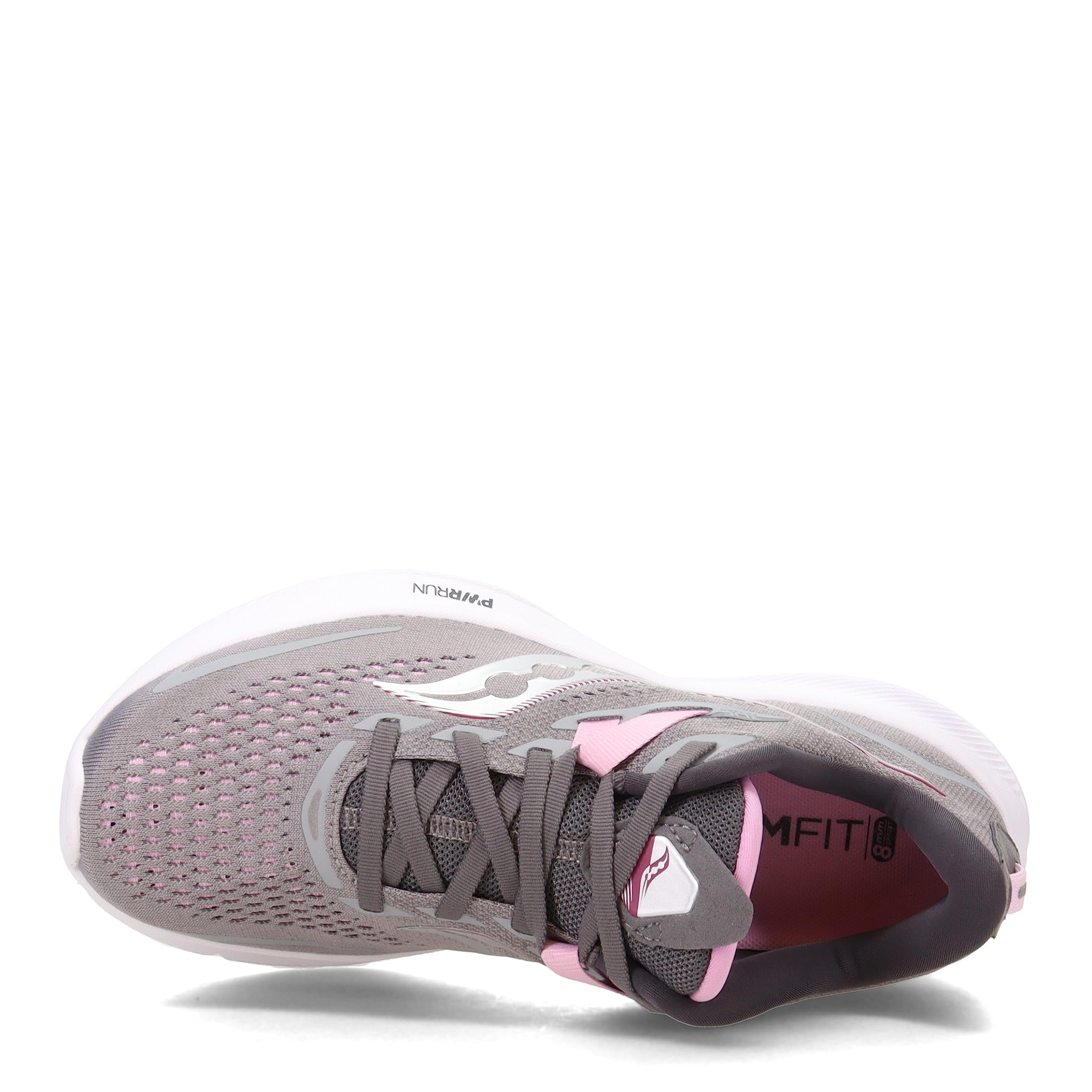 A top view of the Saucony Ride 15 - Womens running shoe shows a light gray upper with pink accents, white sole, breathable mesh, PWRRUN cushioning, and Saucony branding on the side and tongue.
