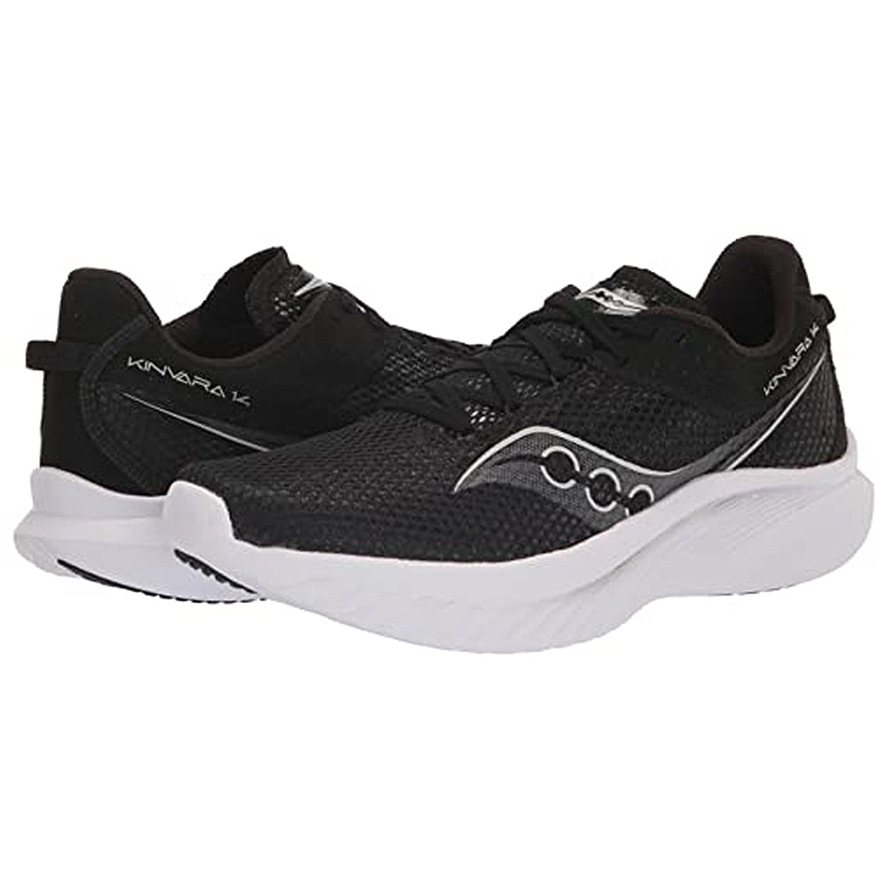 A pair of black Saucony Endorphin Shift 3 mens running shoes with white soles and silver accents—one faces forward while the other is angled to show the side and back.