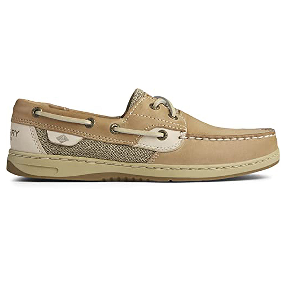 The Bluefish - Women by Sperry features a tan leather upper with white stitching, lace detailing, mesh accents, a side logo, and a beige rubber sole. Designed for casual or nautical wear.