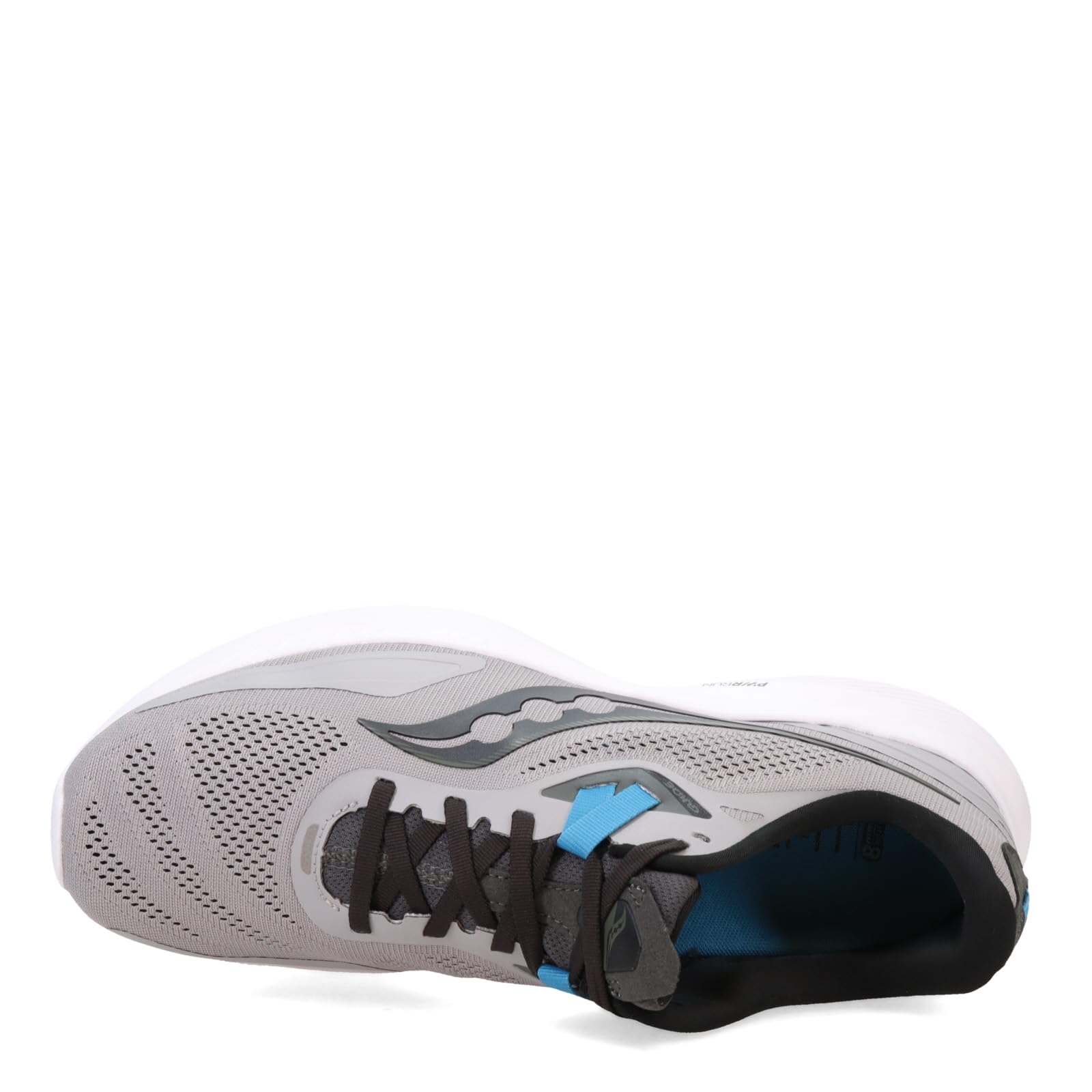 The Saucony Ride 15 - Men is a gray lightweight running shoe with black laces, a white sole, blue accents, and a black logo, shown on its side with the top view facing the camera.