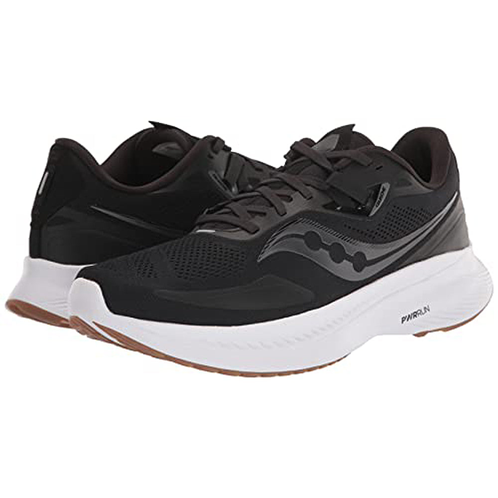 The Saucony Guide 15 - Men is a pair of black running shoes with white soles and brown outsoles, featuring mesh uppers, lightweight support, a sleek design, and a stylized logo on the sides.