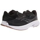The Saucony Guide 15 - Men is a pair of black running shoes with white soles and brown outsoles, featuring mesh uppers, lightweight support, a sleek design, and a stylized logo on the sides.
