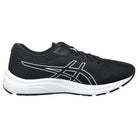 The ASICS GEL-PULSE 12 - Mens running shoe is black with a white logo and detailing, features GEL technology, a white midsole, black outsole, and is shown in side profile.