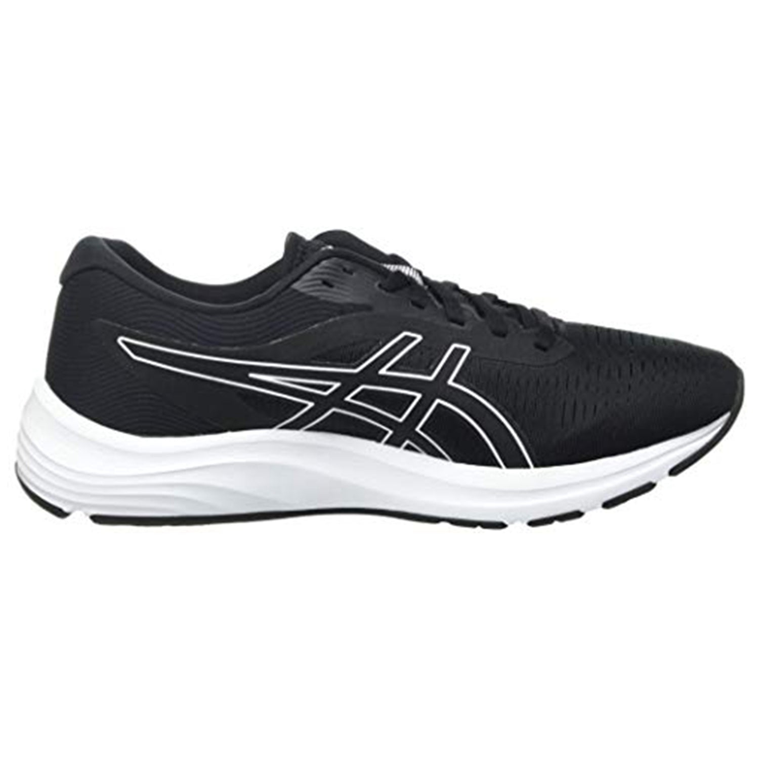 The ASICS GEL-PULSE 12 - Mens running shoe is black with a white logo and detailing, features GEL technology, a white midsole, black outsole, and is shown in side profile.
