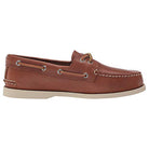 The Sperry A/O 2-EYE LEATHER - Mens is a brown leather boat shoe featuring white stitching, a tan rubber sole, and lace details threaded through metal eyelets around the sides.