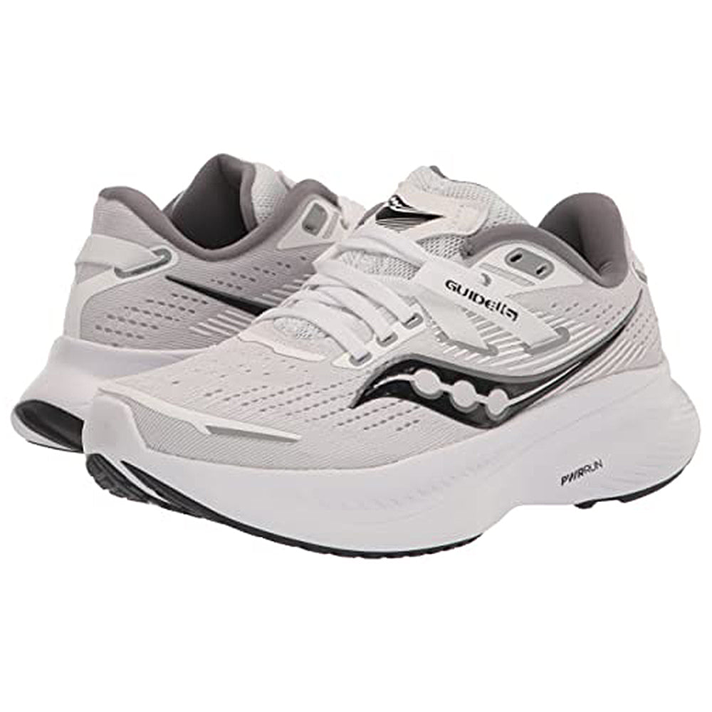 The Saucony Guide 16 - Womens running shoes feature a white and gray design with black accents, cushioned PWRRUN foam sole, and breathable mesh upper. Shown angled to display side and front views.